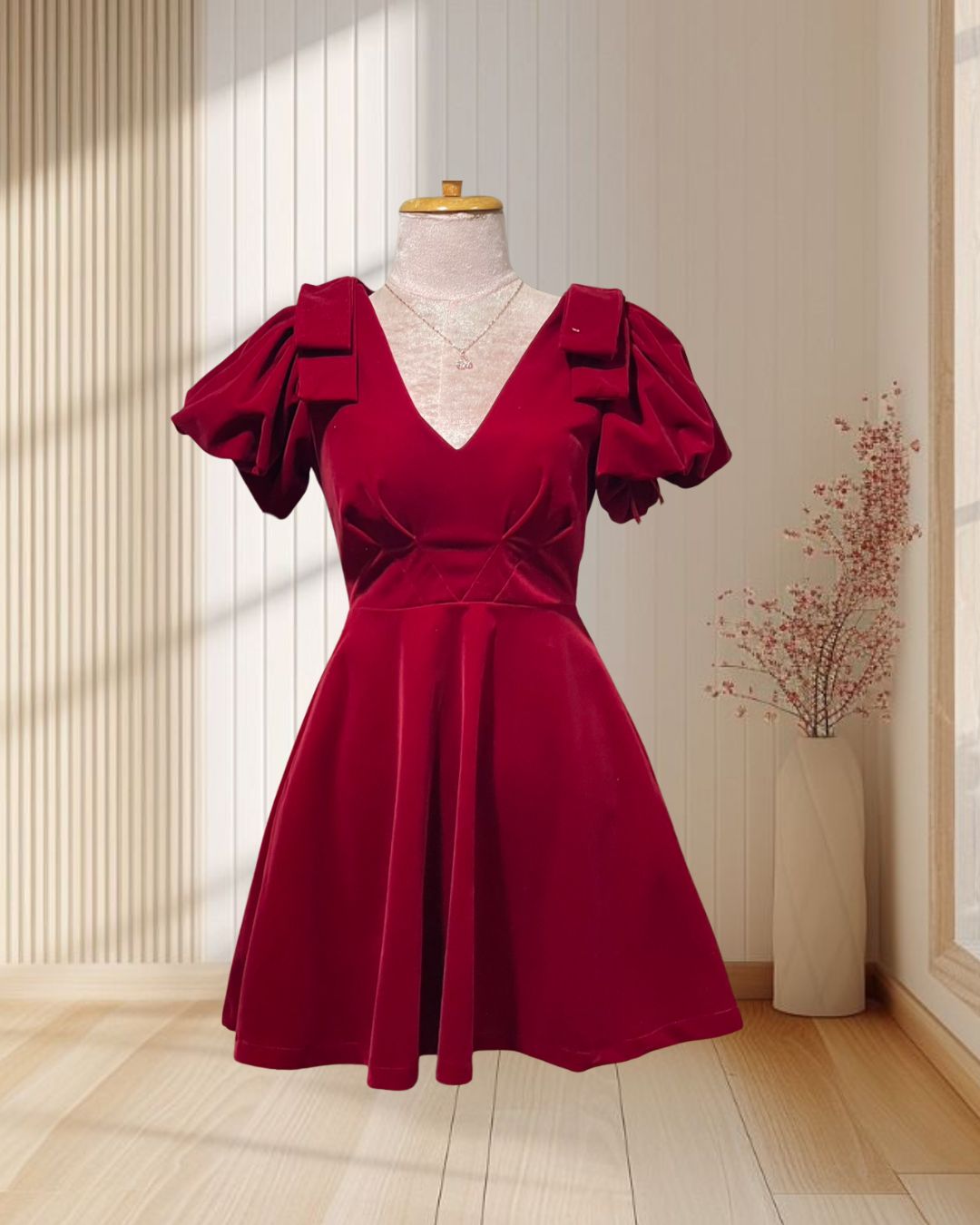 (PRE-LOVED) เดรสสั้นสีแดง ผ้ากำมะหยี่ แขนตุ๊กตาแต่งโบว์ ไซส์ S