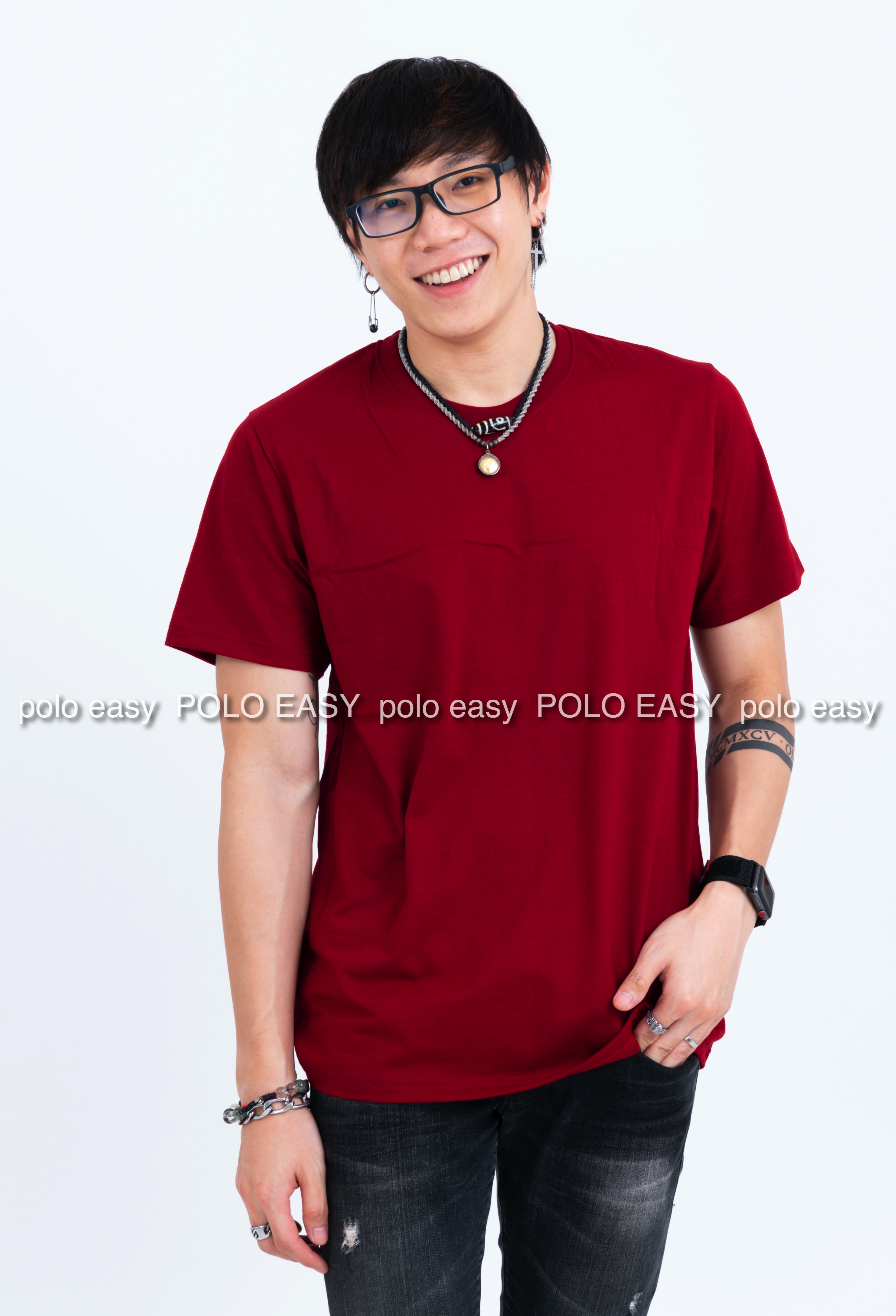 L เสื้อยืด สีเลือดหมู คอกลม แขนสั้น Size L