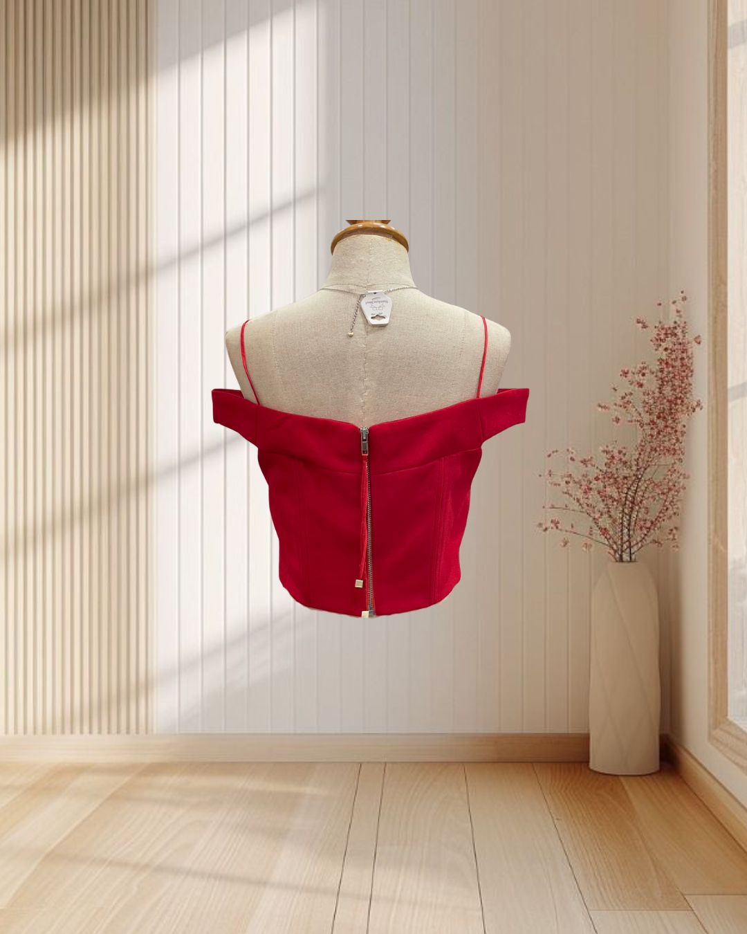 เสื้อครอปสายเดี่ยว สีแดง งานซิปด้านหลัง ปาดไหล่โบว์ ไซส์ S