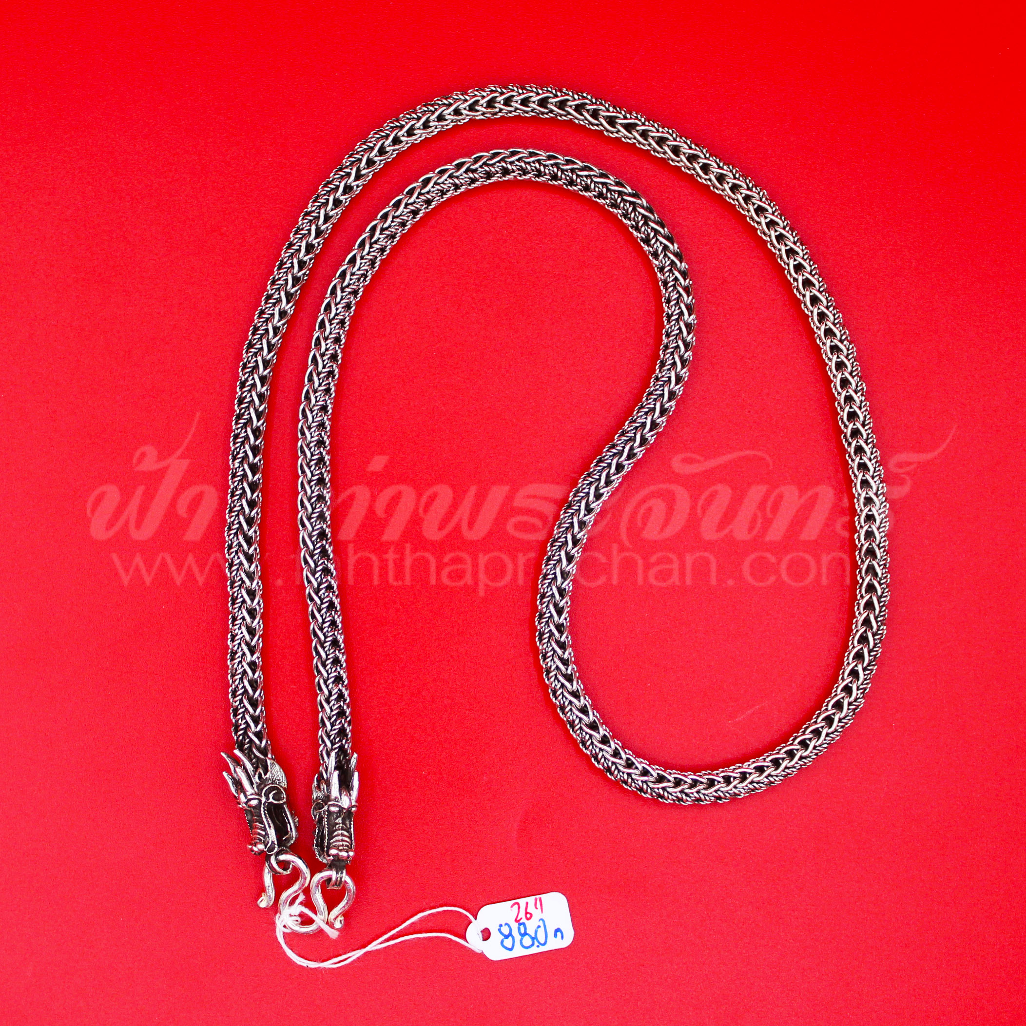 สร้อยคอเงินแท้ 92.5 ลายสี่เสา หางกระรอก หัวมังกร รมดำ แบบห่วงเดียว