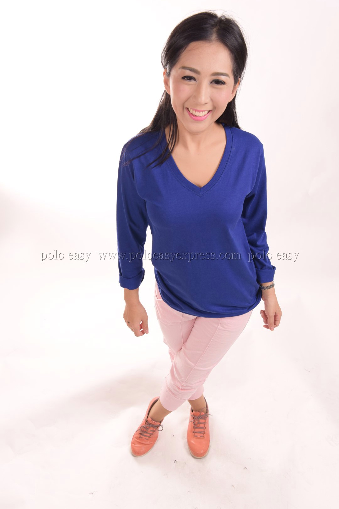 เสื้อยืด สีน้ำเงิน คอวี แขนยาว Size 3XL