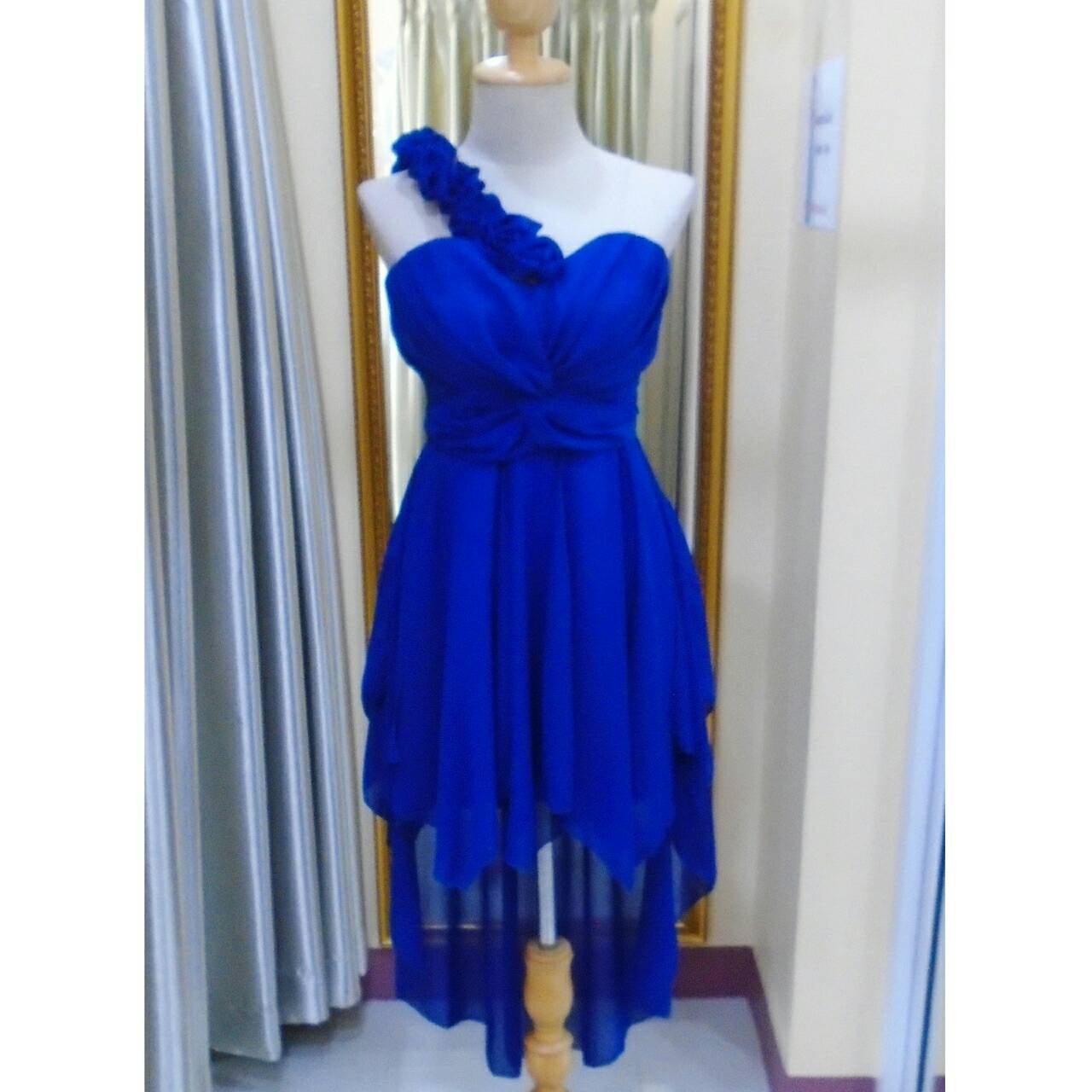 ราตรียาวสีน้ำเงินดอกไม้คาดไหล่(ฟรีไซส์)