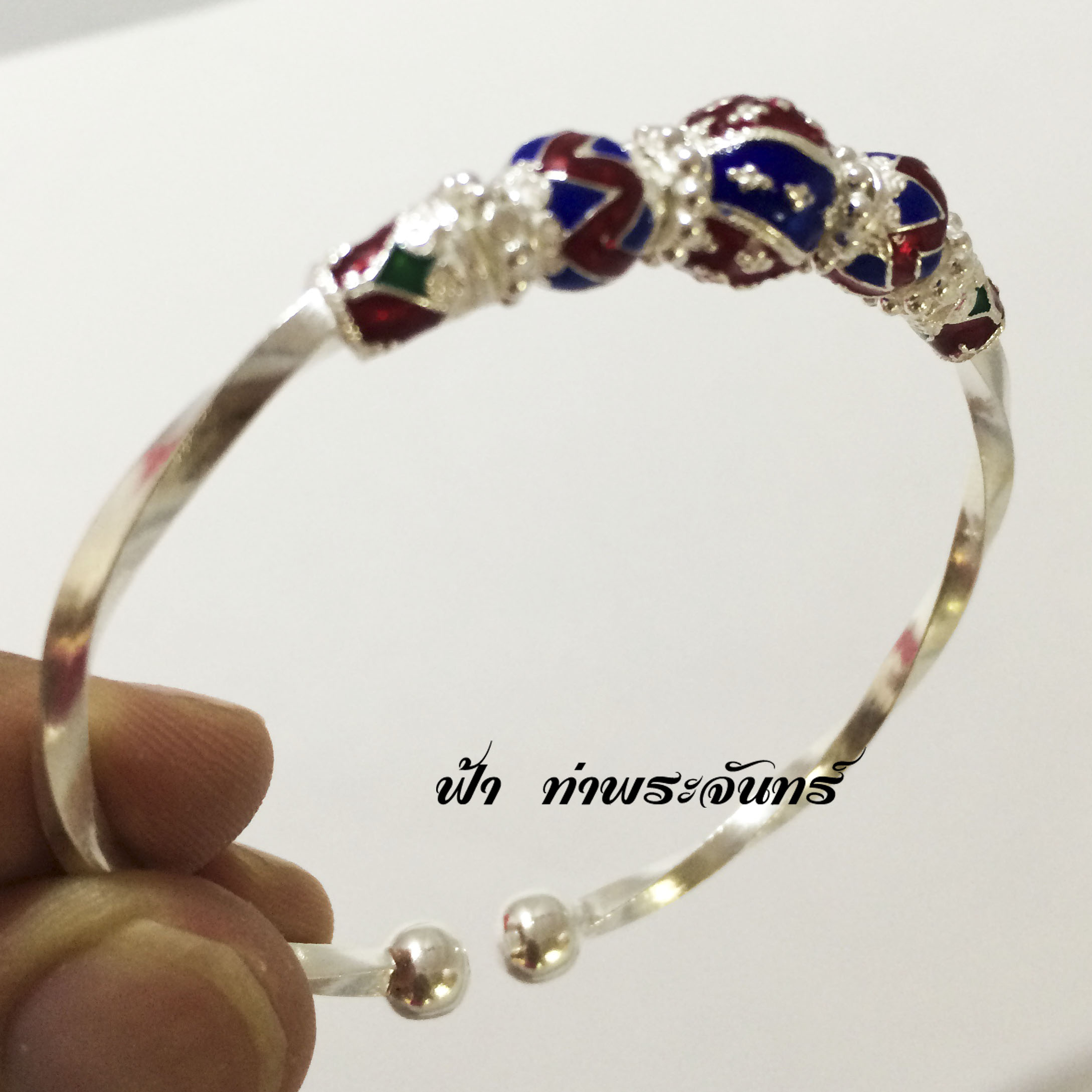 กำไลข้อมือเงินแท้ ตัวเรือนเป็นเกลียว ลงยา ลายประคำ