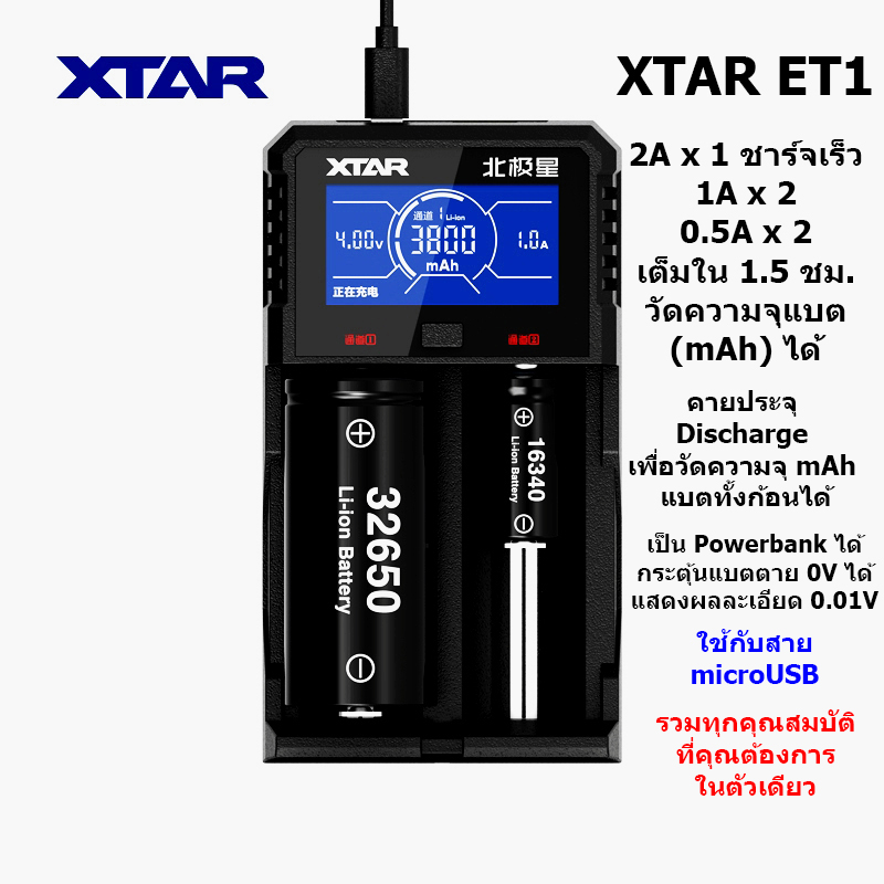 ที่ชาร์จแบตเตอรี่ XTAR ET1 Battery Charger (Chinese Version) กระแสชาร์จ 2A 1A 0.5A แสดงความจุ mAh และทำ Discharge ได้ สำหรับแบต 3.7v และ 1.2v 26650 18650 14500 AA AAA ของแท้ 100%