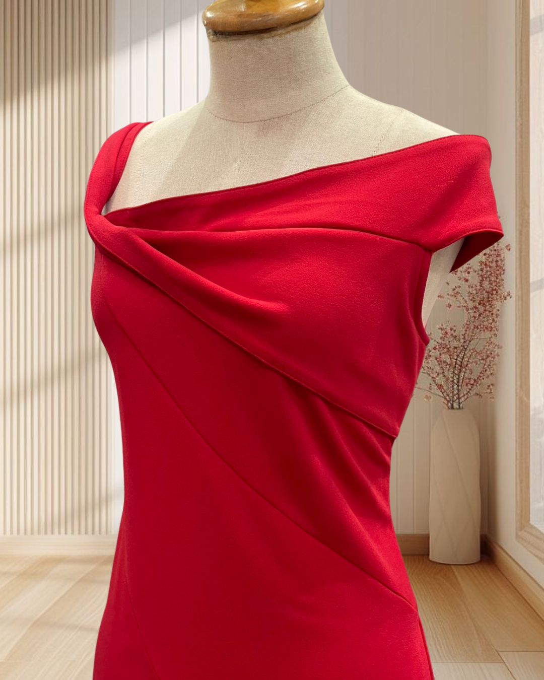 เดรสยาว สีแดง ปาดไหล่ผ้ายืด ไซส์ L