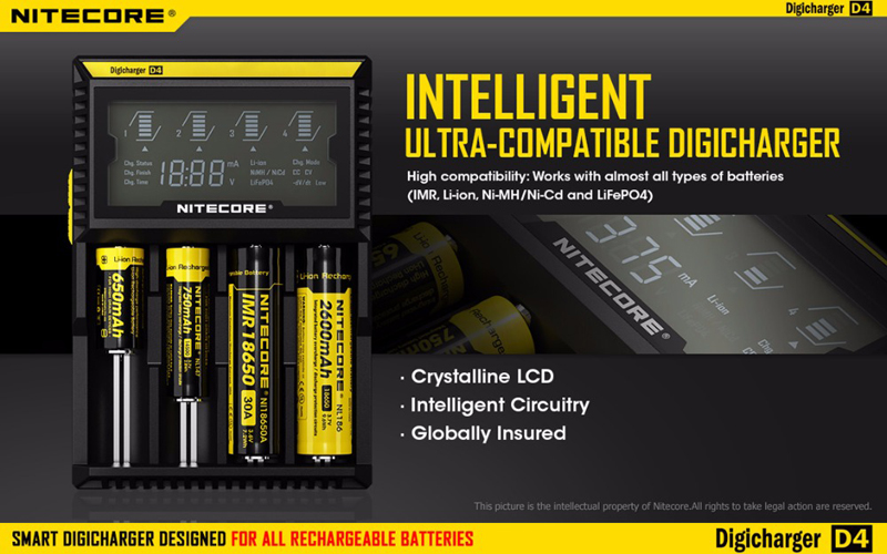 ที่ชาร์จแบตเตอรี่ NITECORE D4 Digicharger LCD Display Universal Battery Charger สำหรับแบต 3.7V และ 1.2V ของแท้ 100% Original for 26650 18650 18350 16340 14500 10440 AA AAA