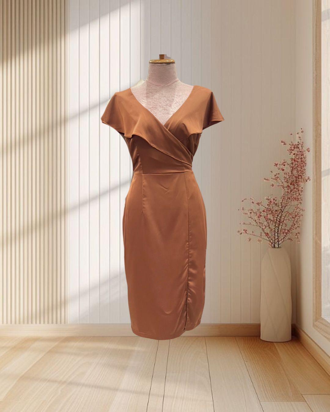 (PRE-LOVED) ราตรีสั้นสีน้ำตาล ปกแขนระบาย ไซส์ L