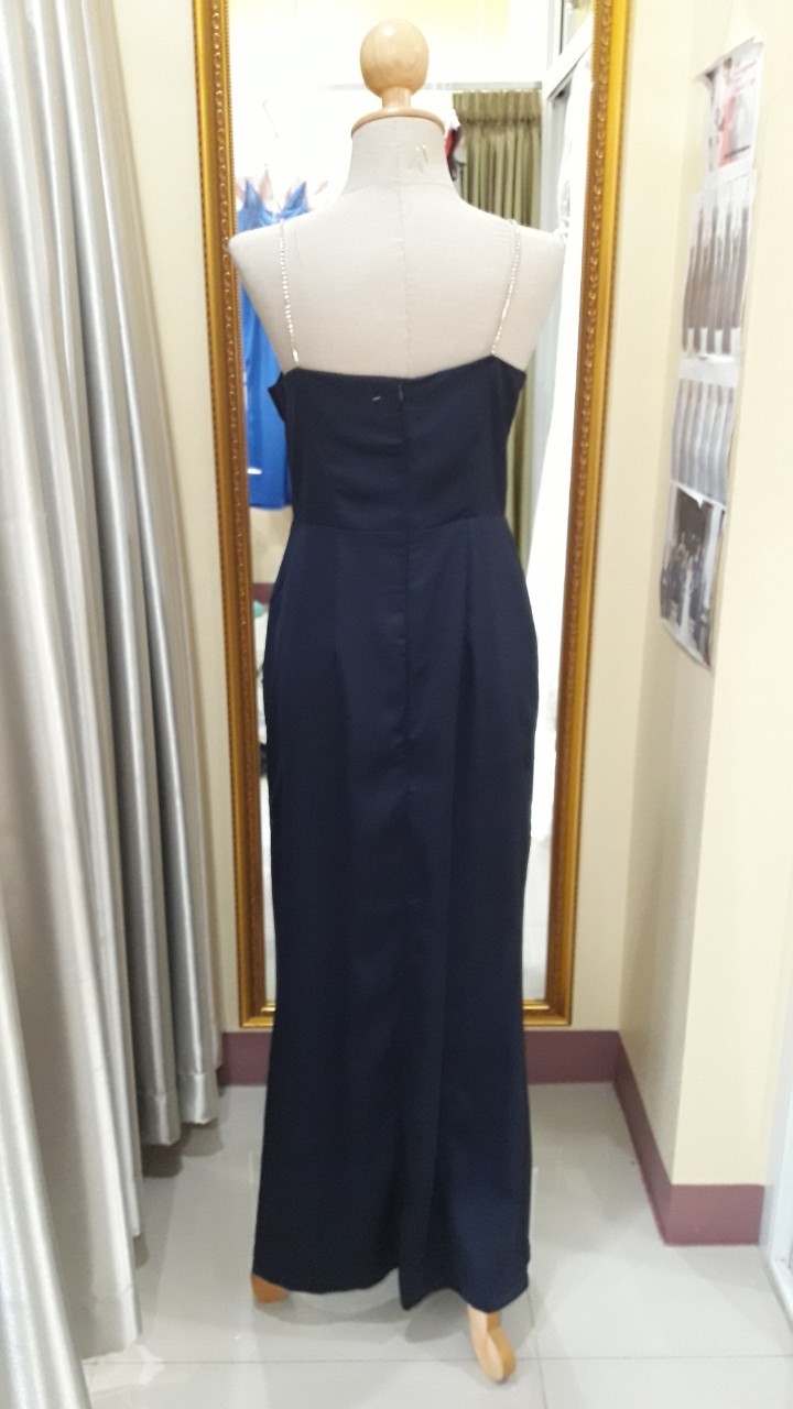 (PRE-LOVED) ราตรียาวสีกรมสายเพชรผ้าเครปซาติน(L)