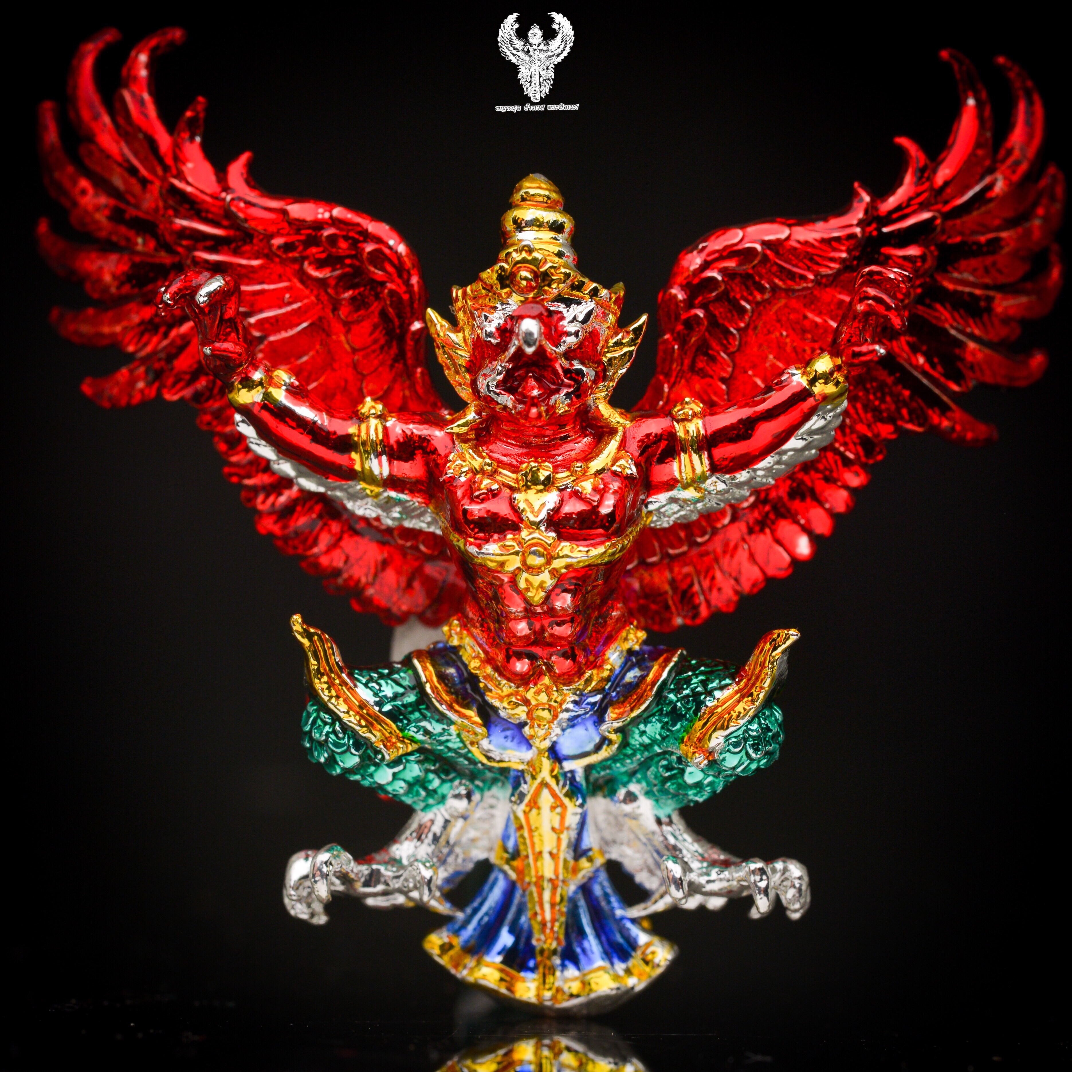 พญาครุฑ รุ่นเศรษฐีทันใจ หลวงพ่อหวั่น วัดคลองคูณ เนื้อสัมฤทธิ์ชุบเงินลงยาไตรลักษณ์ ปีกแดง