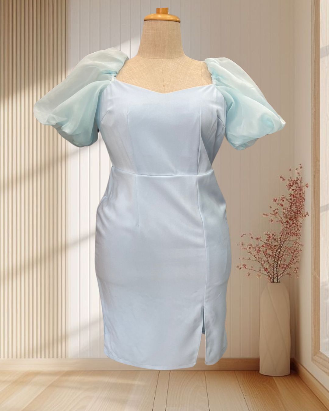 ราตรีสั้นสีฟ้า แต่งแขนผ้าแก้ว ฟูๆ ฟรุ้งฟริ้ง ไซส์ 2XL