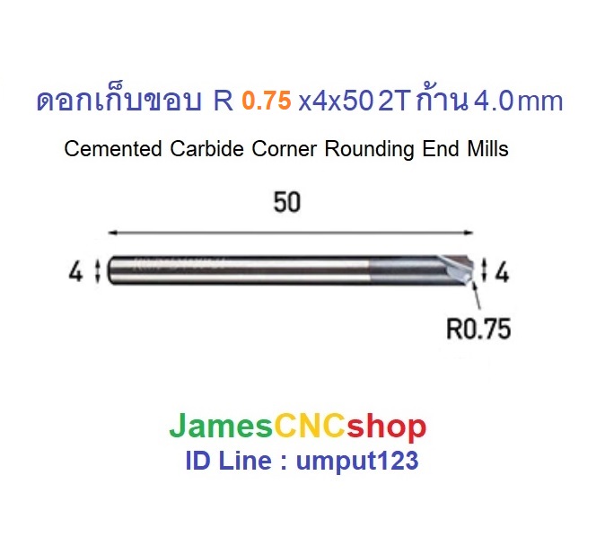 ดอกเก็บขอบ R0.75x4x50 2T ก้าน 4.0 mm Cemented Carbide Corner Rounding End Mills