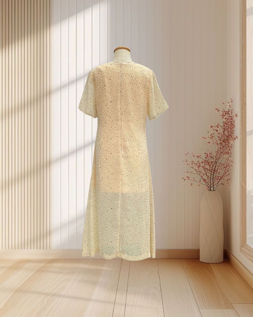 (PRE-LOVED) เดรสยาวสีครีม ลายจุด มีแขน ผ้าพริ้ว ไซส์ L