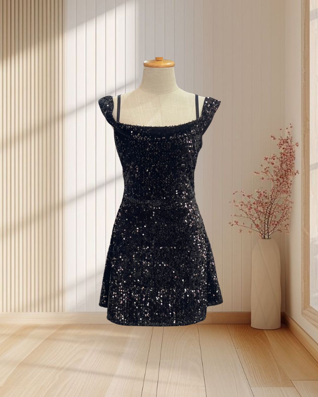 ราตรีสั้นสีดำ ปักเลื่อม สายเดี่ยวปาดไหล่ ไซส์ L