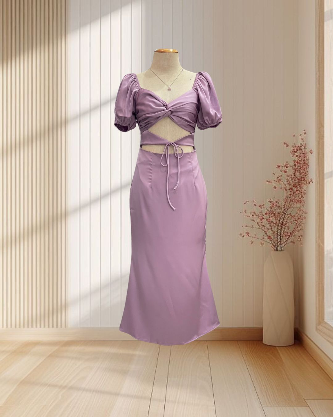 เดรสยาวสีม่วงพาสเทล แขนตุ๊กตา เว้าหน้าท้อง แต่งโบว์ ไซส์ S