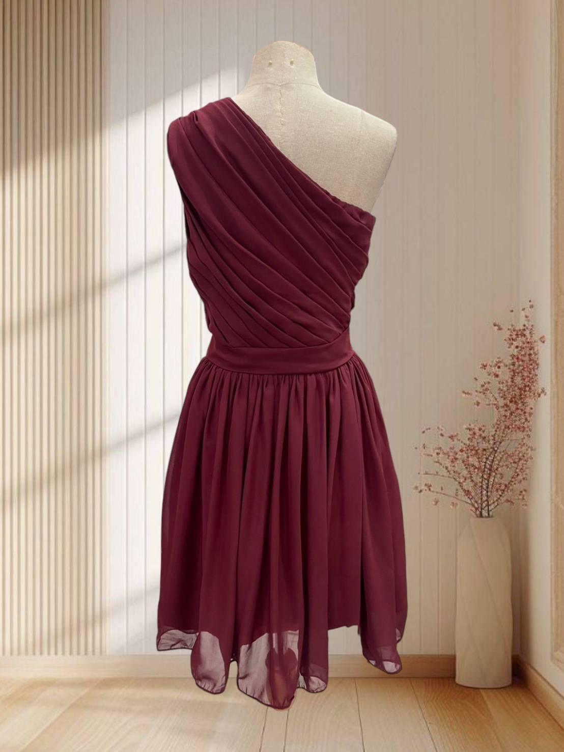 (PRE-LOVED) ราตรีสั้นผ้าชีฟองสีแดง บ่าเฉียง กระโปรงบานพริ้วๆ ไซส์ L