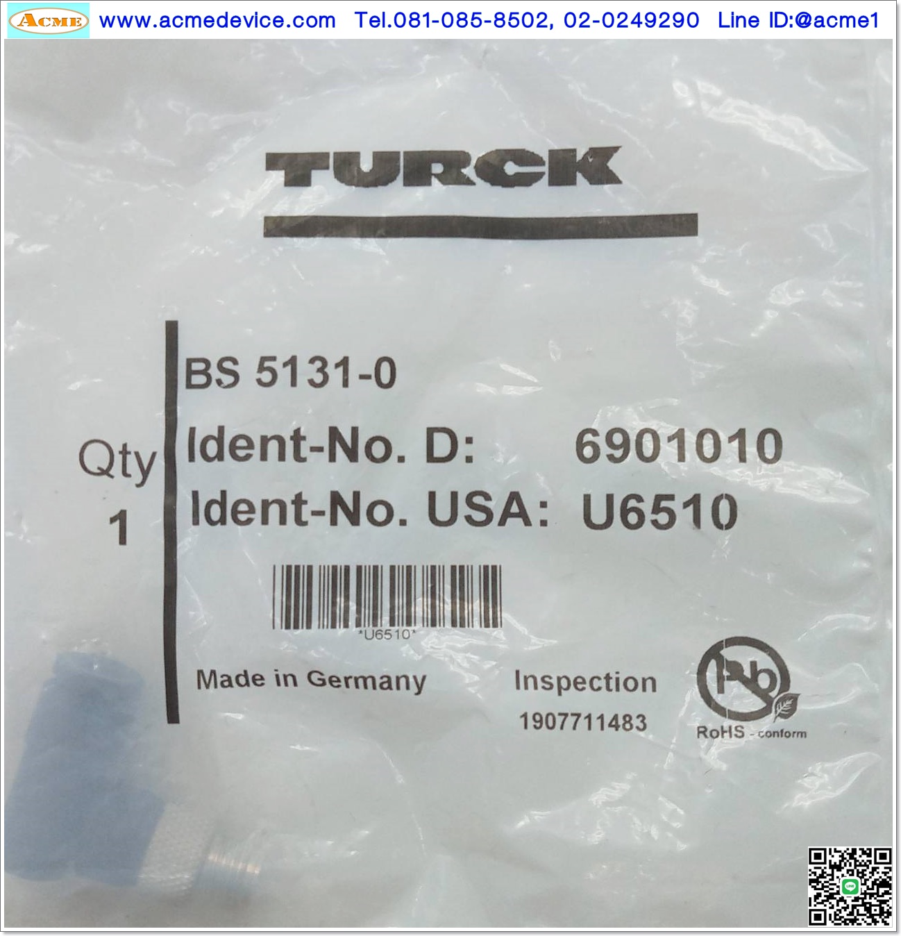 Connector TURCK รุ่น BS 5131-0, SENSOR CONNECTOR, M8, PLUG, 3POS, CABLE