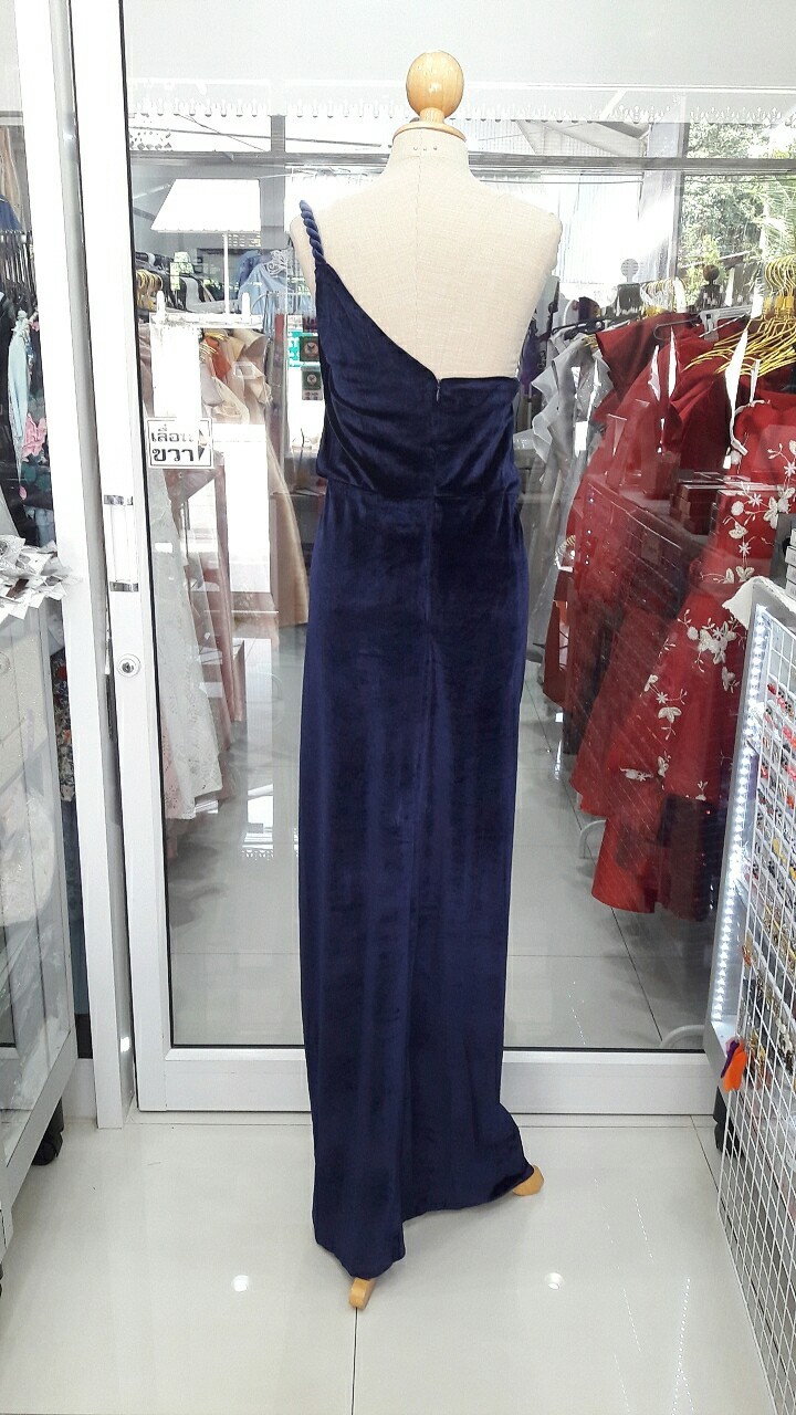 (PRE-LOVED) ราตรียาวกรมสายเดี่ยวข้างเดียวกำมะหยี่ขยุ้มเอว (2XL)