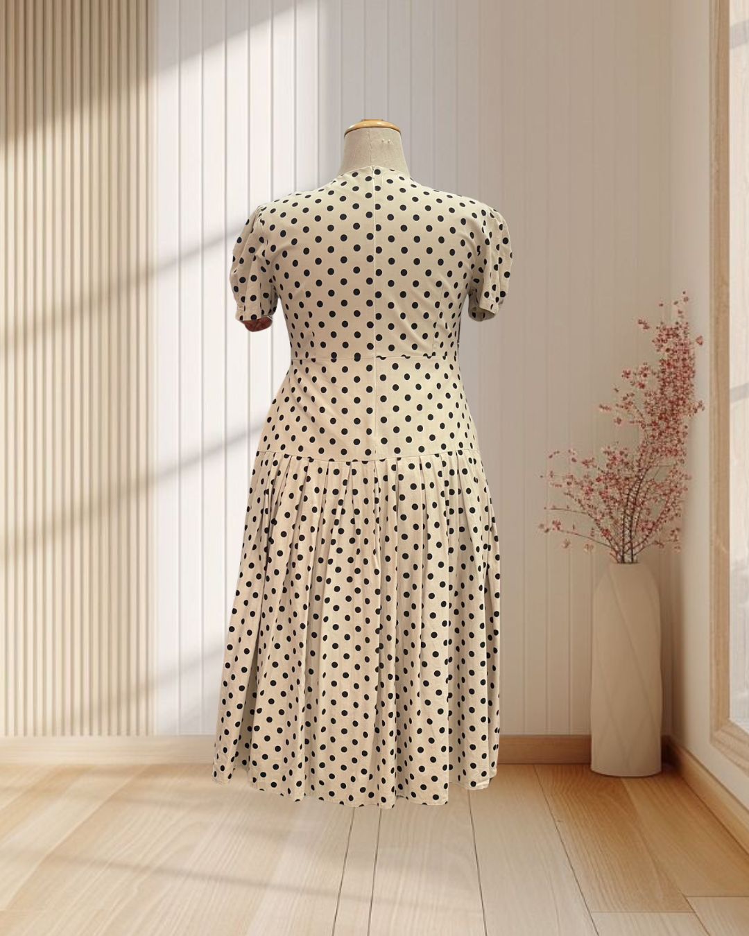 (PRE-LOVED) เดรสสั้นสีครีม ลายจุด แขนตุ๊กตา กระโปรงจีบ ไซส์ 2XL