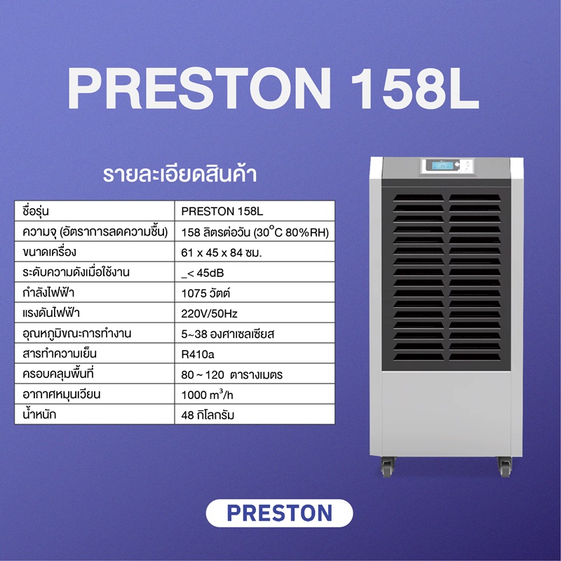เครื่องลดความชื้นอุตสาหกรรม PRESTON ขนาด 158 ลิตร รุ่น Preston 158L