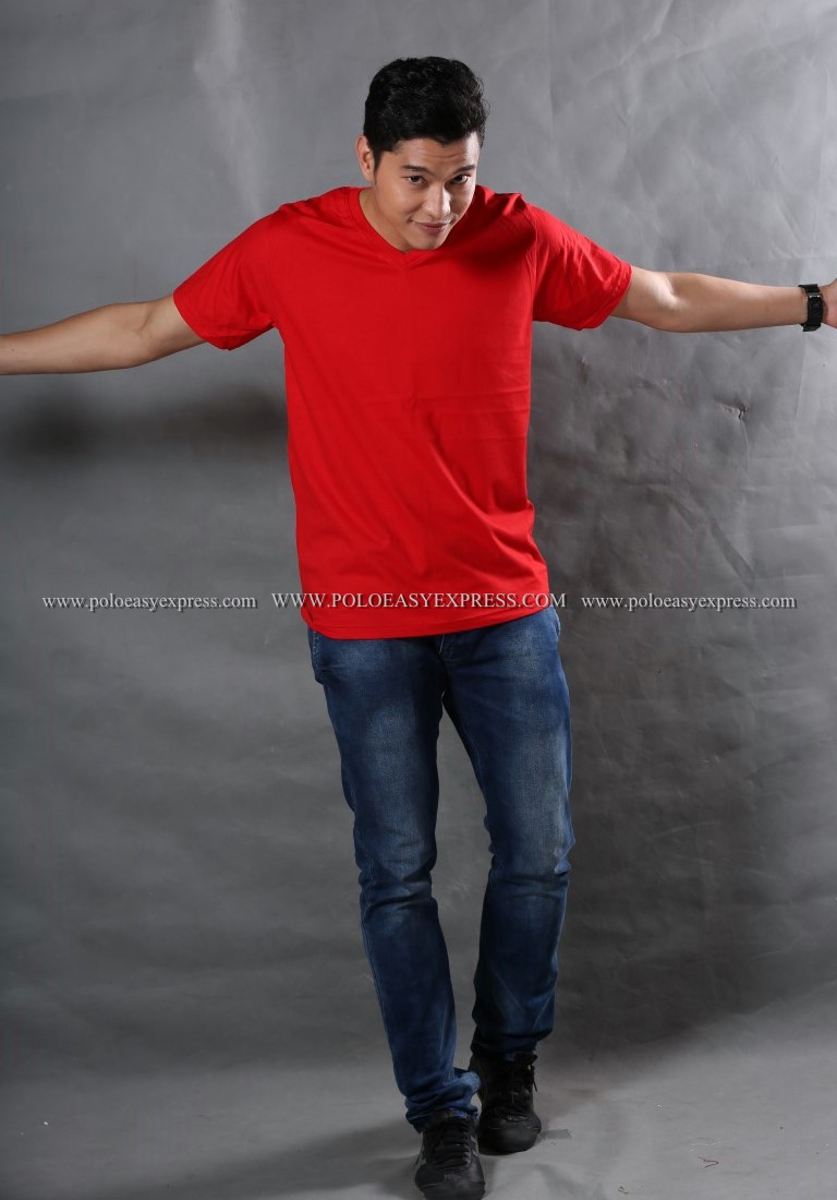 3XL เสื้อยืด สีแดง คอวี แขนสั้น Size 3XL