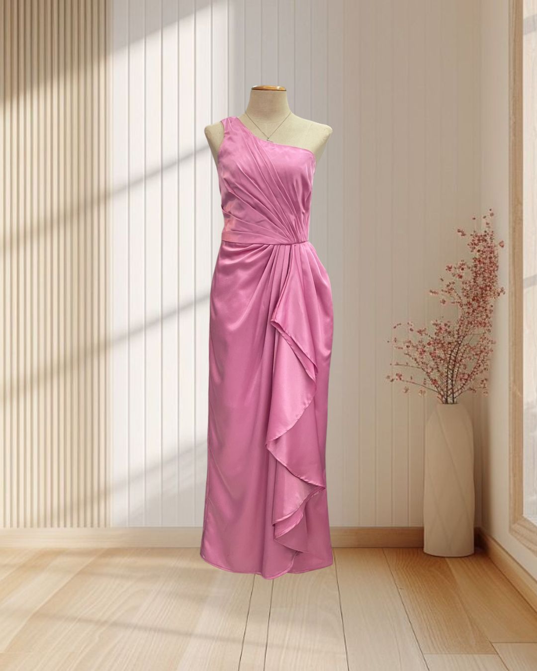 (PRE-LOVED) ราตรียาวสีชมพู บ่าเฉียง แต่งระบายเอว ไซส์ S