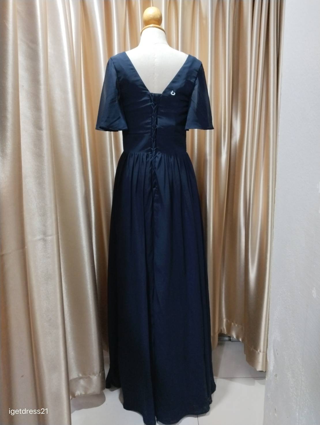 (PRE-LOVED) ชุดราตรียาวชีฟองมีแขนสีกรม F