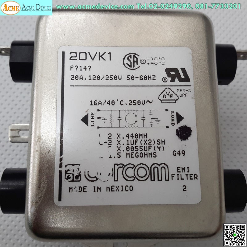 Noise Filter Corcom รุ่น 20VK1, F7147, 20A