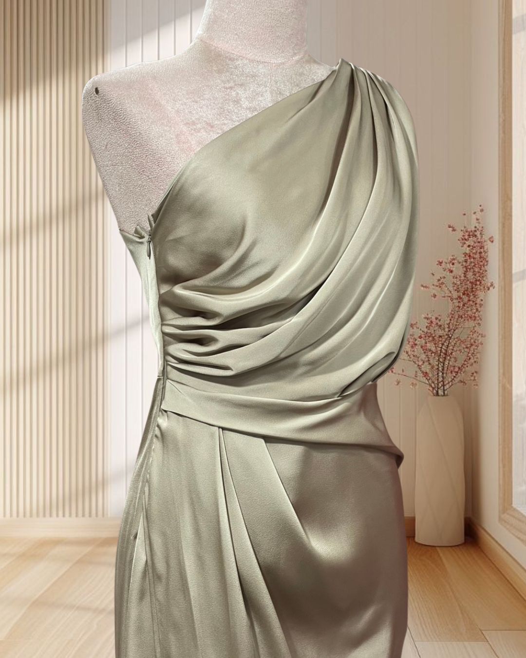 (PRE-LOVED) ราตรียาวสีน้ำตาล บ่าเฉียง จีบสะโพก ผ้าเครปซาติน ไซส์ S