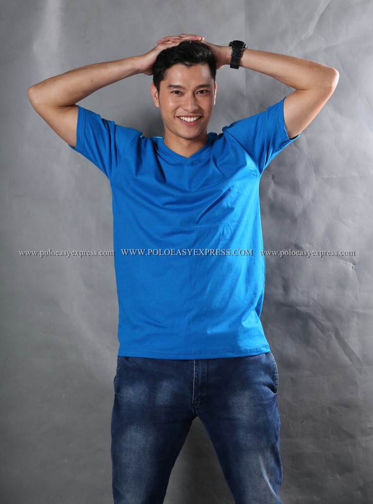XL เสื้อยืด สีฟ้าทะเล คอวี แขนสั้น Size XL