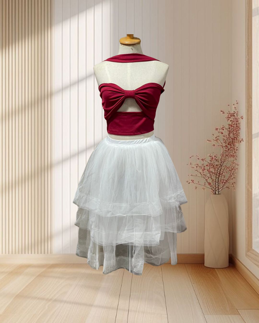 (PRE-LOVED) เสื้อครอปแฟชั่นสีแดงคล้องคอผ้ายืด ไซส์ S (เฉพาะเสื้อ)