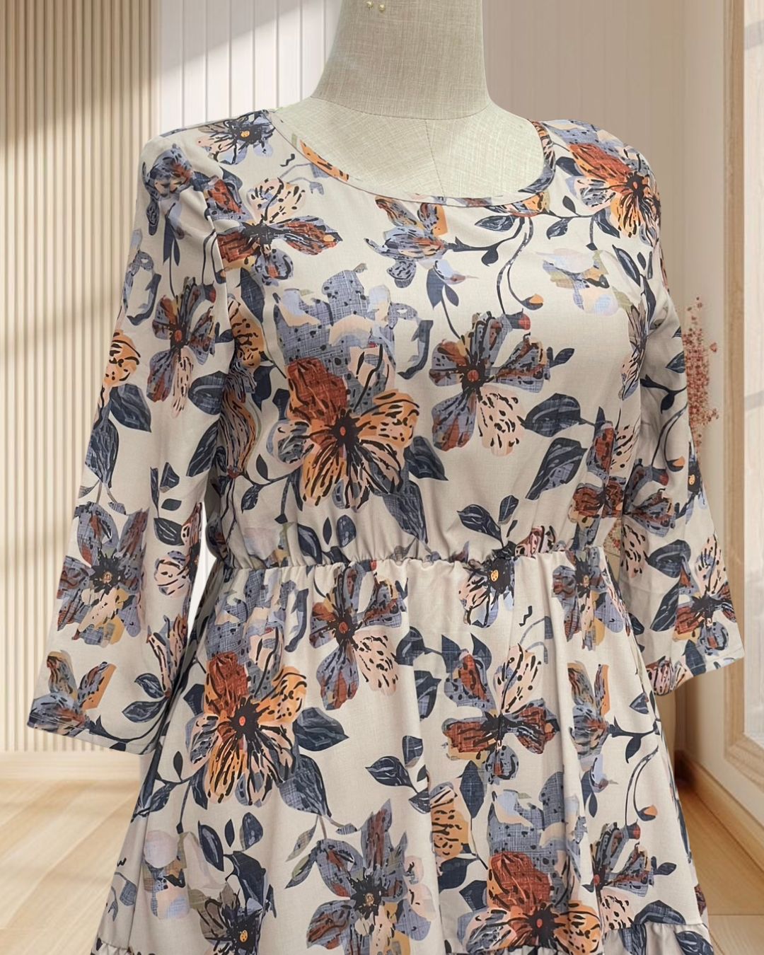 เดรสสั้นสีโอวัลติน ลายดอกไม้วินเทจ แขนยาว กระโปรงจั๊มพ์ ไซส์ 2XL