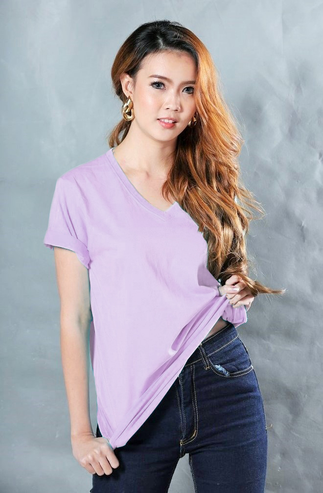 2XL เสื้อยืด สีม่วงพาสเทล คอวี แขนสั้น Size 2XL