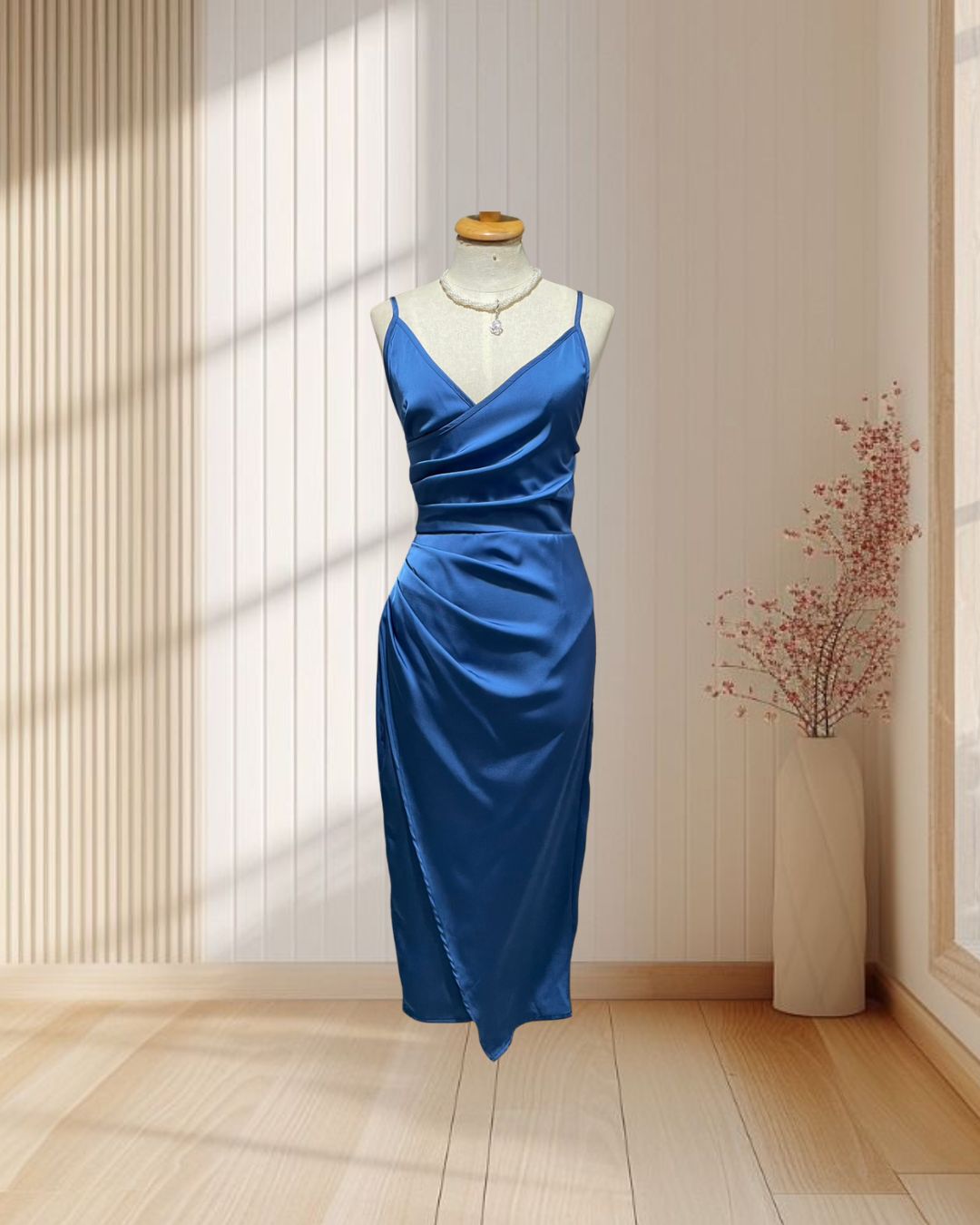 (PRE-LOVED) ราตรีสั้นสีน้ำเงิน สายเดี่ยวแหวกหน้า แต่งจีบเอว ไซส์ XS