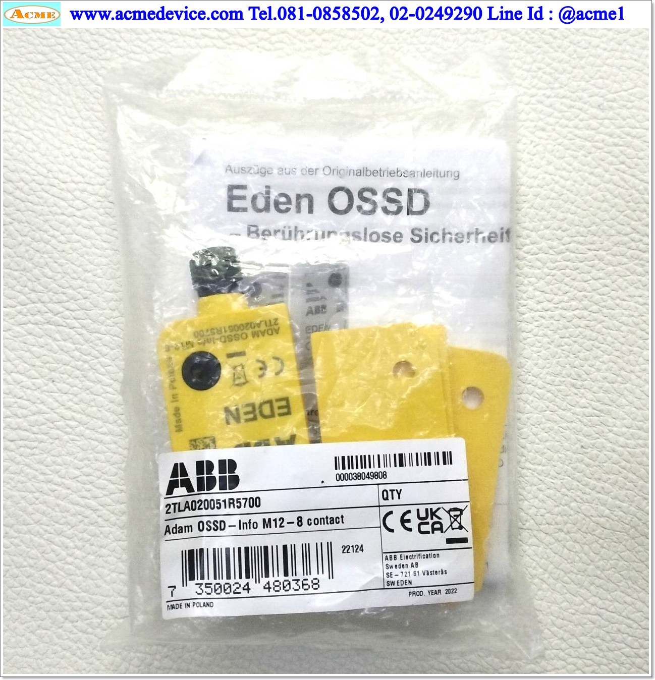 Safety Switch ABB รุ่น Eden OSSD รุ่น 2TLA020051R5700, M12, 8 Contact
