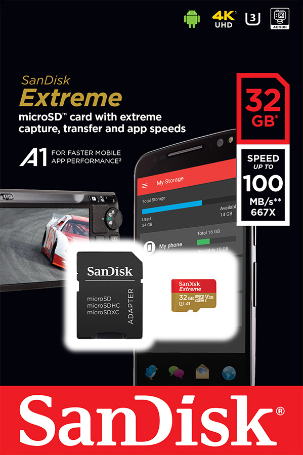 เมมโมรี่การ์ด SANDISK MICRO EXTREME 32GB 100MB รองรับวิดีโอ4K เหมาะสำหรับกล้องActioncam