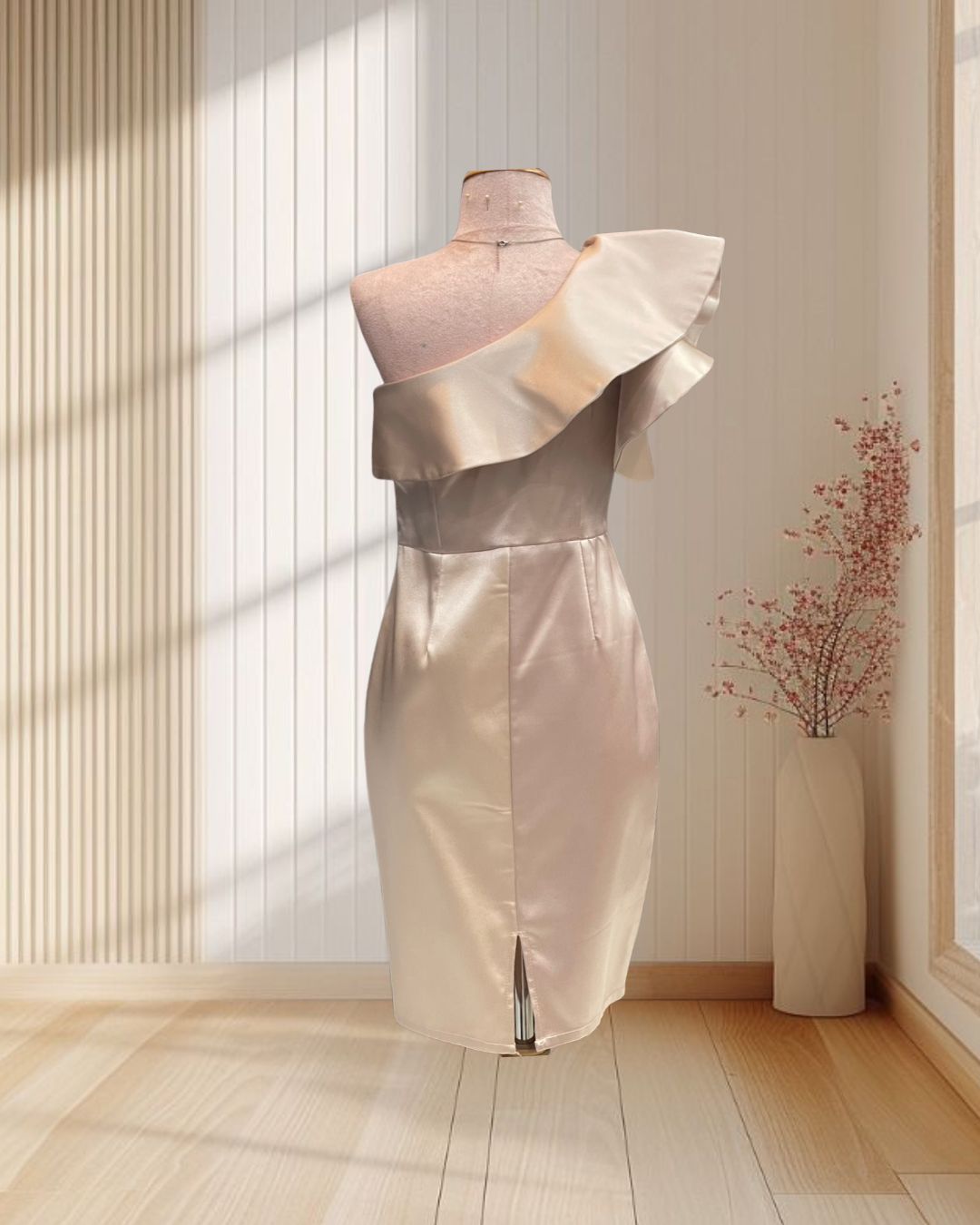 (PRE-LOVED) ราตรีสั้นสีนู้ดบ่าเฉียงระบายกระโปรงทรงสอบ ไซส์ M