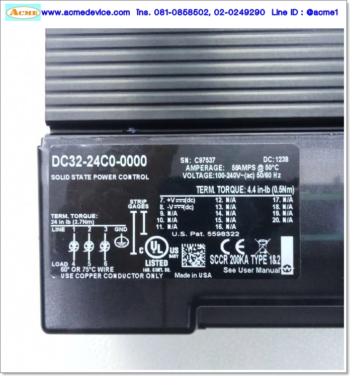 Solid State Watlow รุ่น DC32-24C0-0000,Zero Cross, Input 4.5-32Vdc, Output 100-240 Vac, 55A, 3-Phase