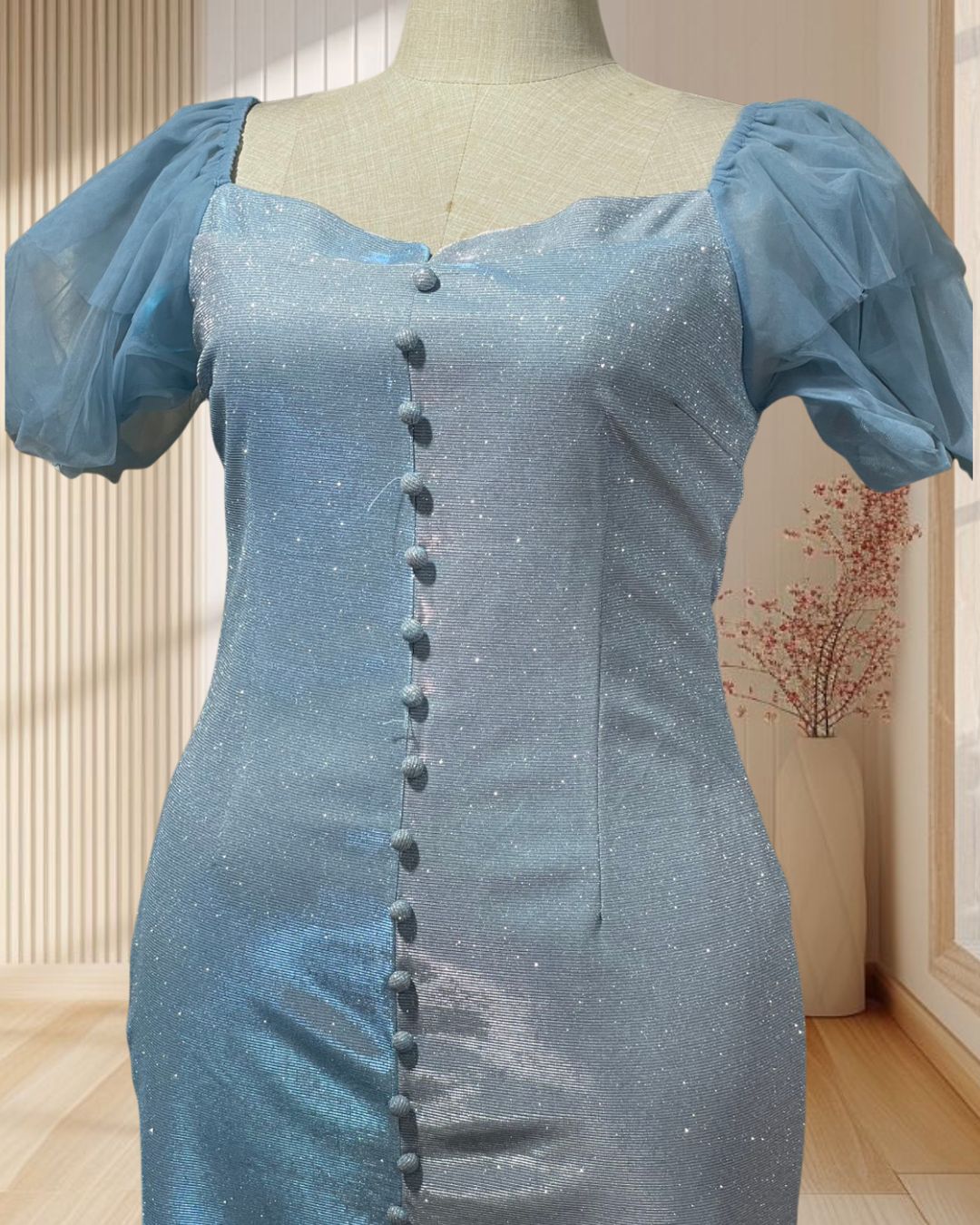 (PRE-LOVED) ราตรีสั้นสีฟ้าทูโทน ผ้ากลิตเตอร์ แขนพอง ไซส์ 2XL