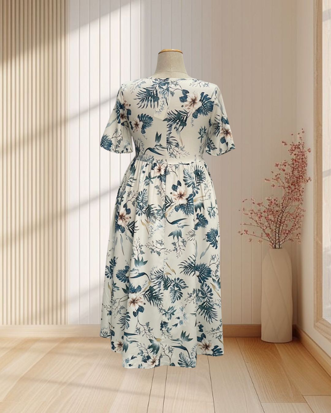 เดรสยาว สีครีม ลายฮาวาย มีแขน จีบเอว ไซส์ 2XL