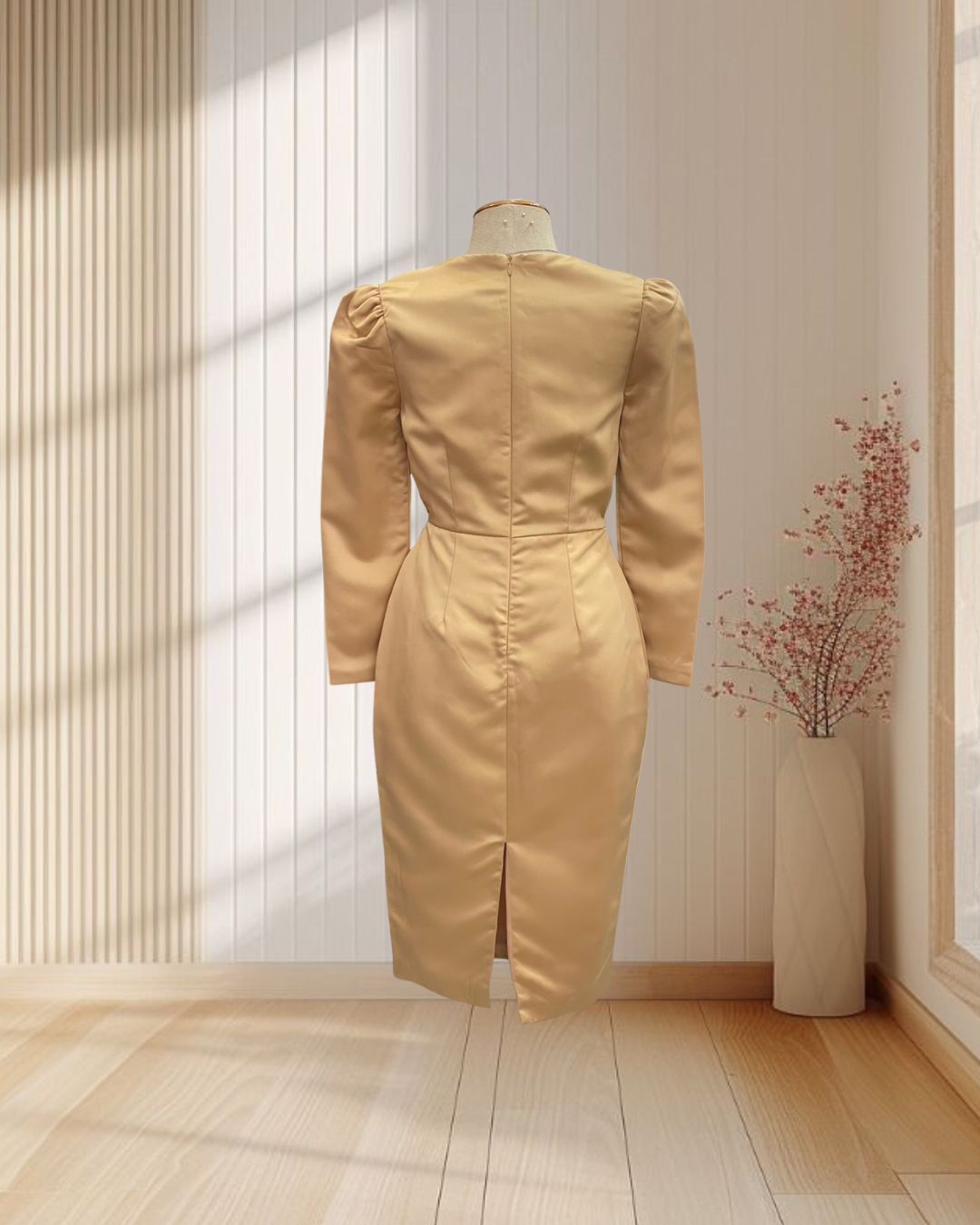 (PRE-LOVED) ราตรีสั้นสีทอง แขนยาว กะโปรงทรงสอบ ไซส์ S