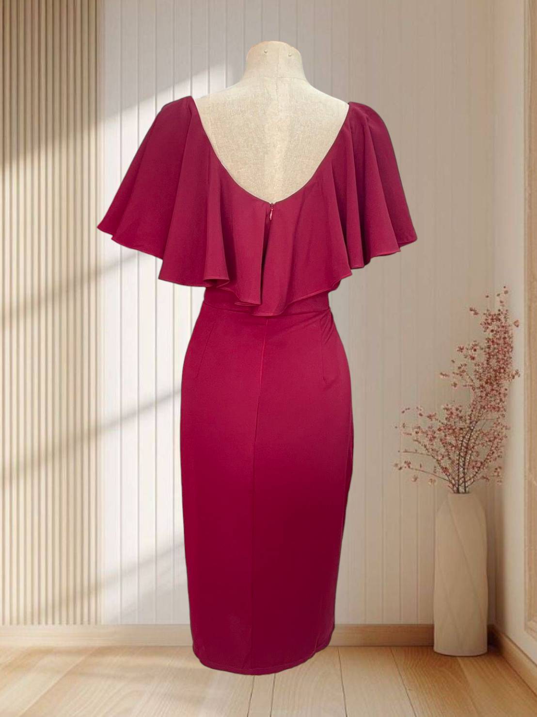 (PRE-LOVED) ราตรีสั้นสีแดง แขนระบาย 2 ชั้น คอวี ไซส์ XL