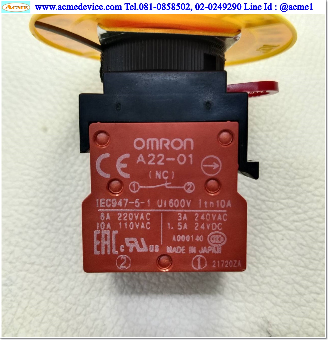 Emergency Switch Omron รุ่น A22E-P, 1NO, 2NC, Dia. 22 mm.
