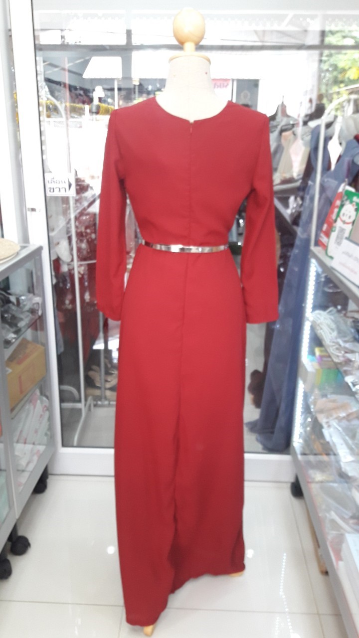(PRE-LOVED) ราตรียาวสีแดงไวน์แขนยาว (S)