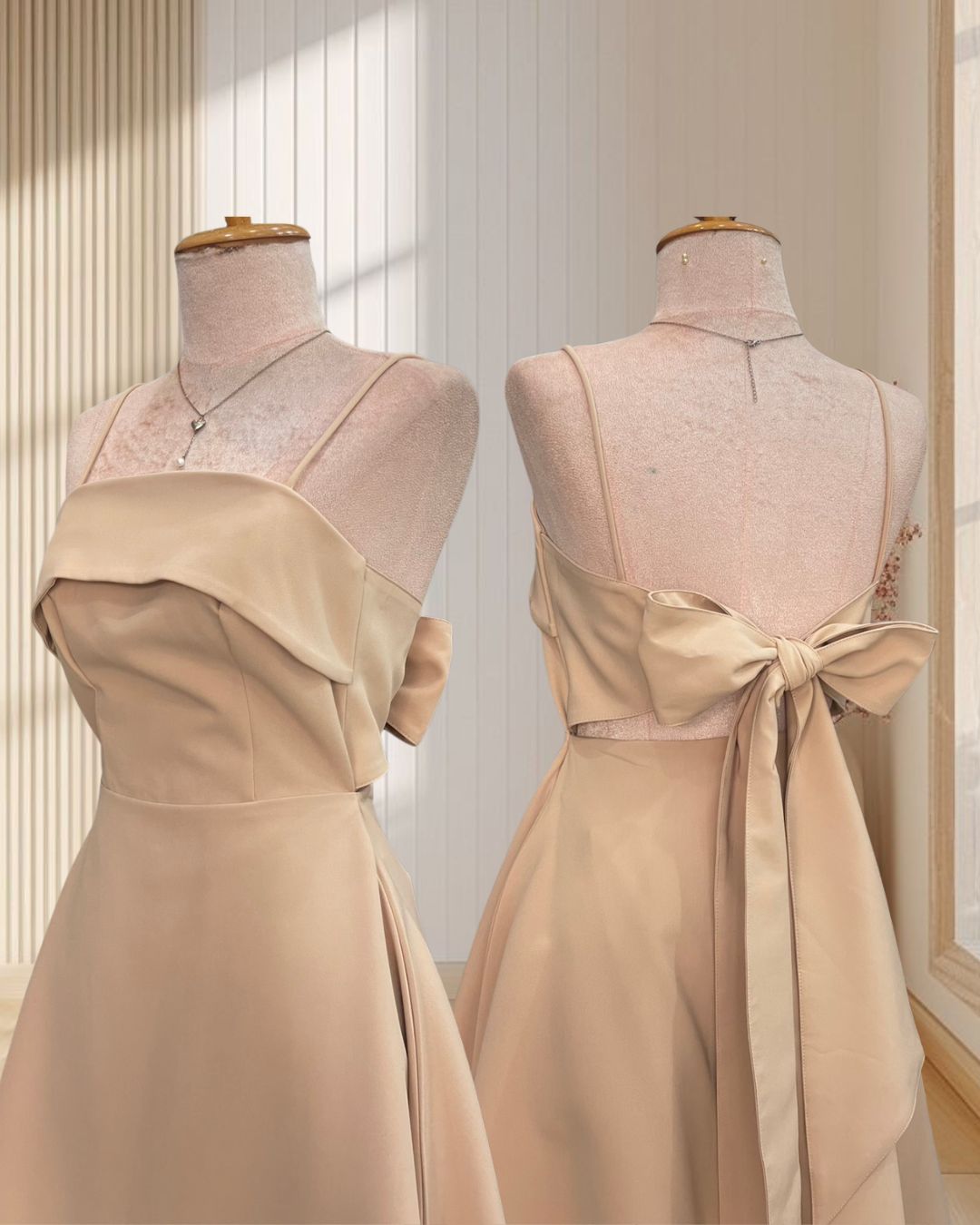 (PRE-LOVED) ราตรีสั้นสีน้ำตาล สายเดี่ยวผูกโบว์หลังผ้าโคโค่ ไซส์ S