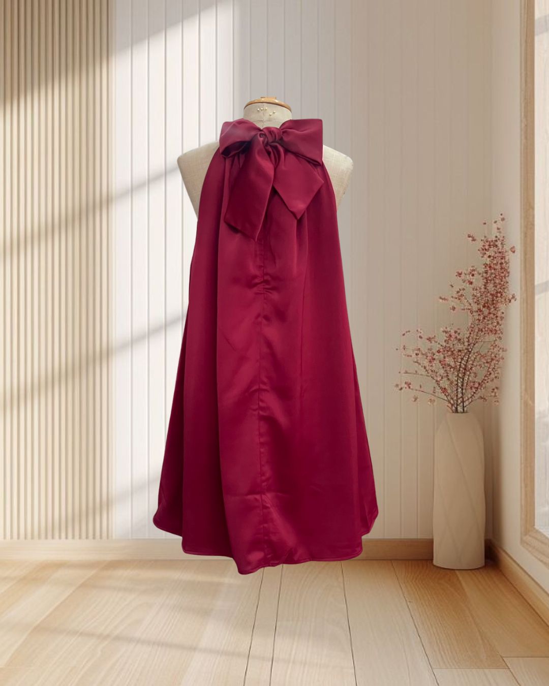 (PRE-LOVED)ราตรีสั้นสีแดงไวน์ แขนกุด แต่งริบบิ้นผูกโบว์ช่วงคอ ไซส์ M