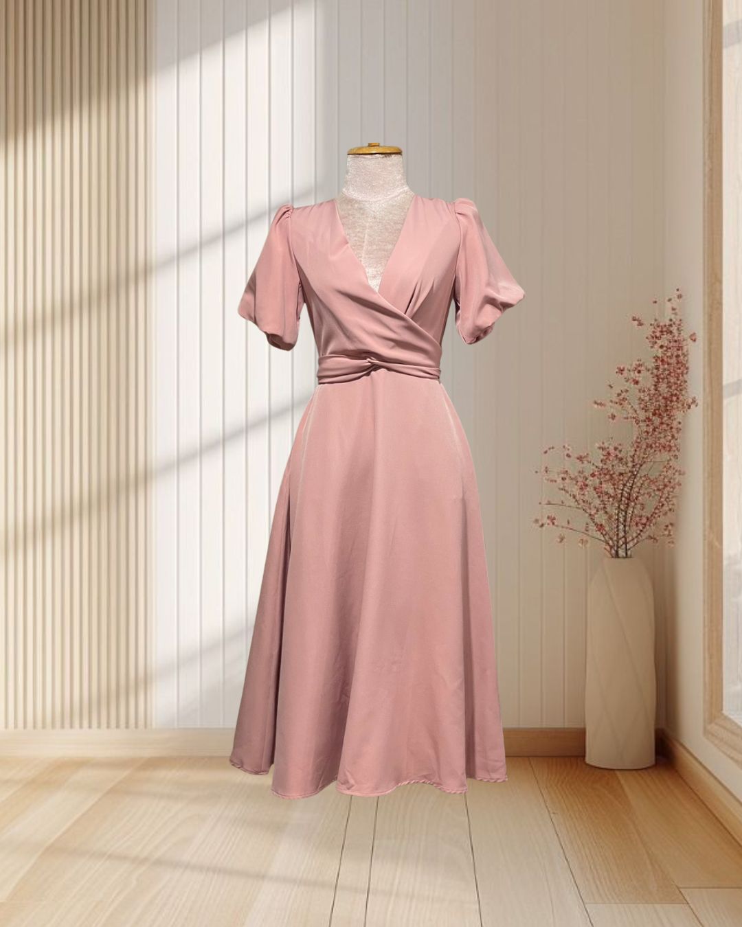 (PRE-LOVED) ราตรีสั้นสีชมพู แขนบอลลูน ไขว้หน้าผูกโบว์ด้านหลัง ไซส์ S