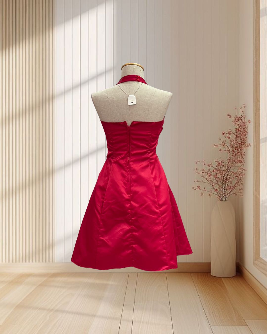 ราตรีสั้นสีแดง แต่งเข็มกลัดเพชรรูปโบว์ คล้องคอ โชว์หลัง ฟีลแซนตี้สาว ไซส์ S