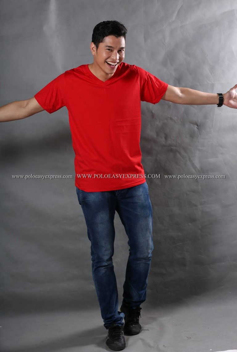 3XL เสื้อยืด สีแดง คอวี แขนสั้น Size 3XL