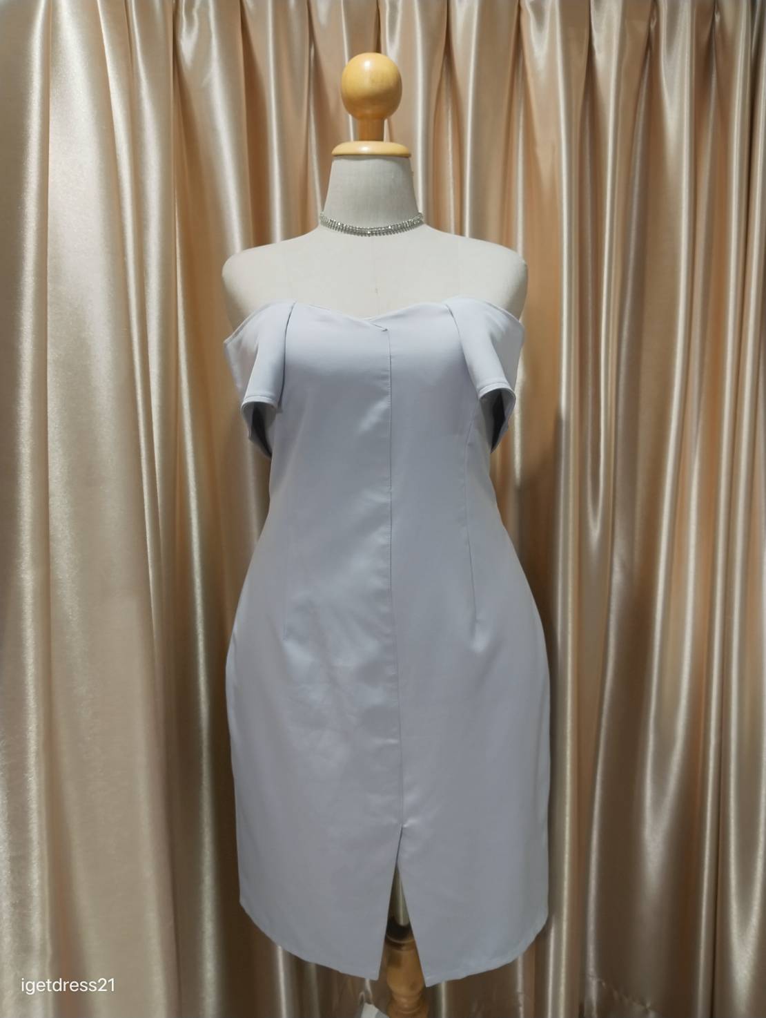 ชุดราตรีสั้นปาดไหล่มีแขนสีเทา 2XL