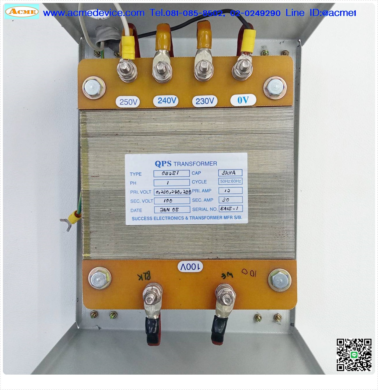 Transformer QPS รุ่น 011051, 230,240,250/110V,12/30A,1PH, 3kVA, Auto